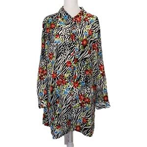 Brylane Women's Collection Multicolored Floral Button-Down Long Sleeve Shirt 26W